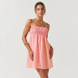 Women's Spaghetti Strap Mini Dress Striped Print Bow Sleeveless Babydoll Dress Summer Bohemian Holiday Beach Flowy Dresses