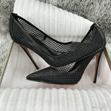Women's Black Mesh Stiletto Pumps  Pointed Toe Hollow-Out High Heels, Sexy Sheer Dress Shoes for Party, Club, and Evening Even