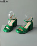 NASBAVI Women Patent Leather Sandals Super Chunky High Heeled Ankle Buckle Shoes Platform Summer Thick Heel Sandal Ladies 35-43