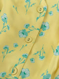 FDYOUI 2026 Summer V-neck Short Sleeve Floral Print Yellow Party Dress Women Single Breasted Lace-up Slim Long Vacation Dresses