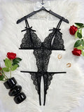 1pc Sexy Lace Bodystocking, Deep V Neck, Crotchless Design, Alluring And Seductive