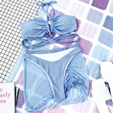 Wrap Around with Mesh Sarong Skirt Bikini Female Swimsuit Women Swimwear Three-pieces Bikini Set Beachwear Bathing Suit Swim
