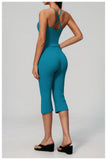 Summer New Yoga Clothing Women Solid V Neck Slim Sports Tank Top Athletic Wear High Waist Butt Lift Mid Pants Gym Fitness Suits