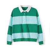 Women Long Sleeve Spring Fall Lapel Collar T-shirts Striped Contrast Color Loose Pullovers Streetwear Tops