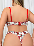 Plus Size Rose Red Sexy Lingerie Set, Hollow Out Push-up Full Bust Support Bra