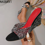 Fashion Slippers Peep Toe Wedges High Heels Slippers Shiny Rhinestones Comfortable Shoes for Women Slide Summer Zapatos De Mujer