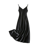 Women Evening Dress V Neck Low Cut Spaghetti Strap Solid Color Backless Dress-up Sleeveless Satin Wedding Party Midi Dress