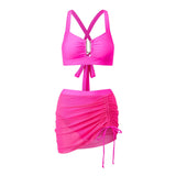 Women Summer Solid Color Bikini Sets Sleeveless Bra with High Waist Drawstring Skort Bathing Suit 2-piece Swimsuit