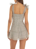 Women Fashion Double Layer Backless Cami Dress Summer Casual Floral Print Tie-Up Shoulder Strap Mini Dress Grey/Pink/Yellow