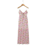 Lace Decoration Pink Floral Maxi Long Sundress Women's Dress 2025 Spaghetti Strap V Neck Smocked Boho Straight Boho Dress