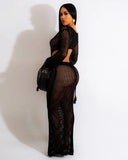 DEKA New Sexy Knit Mesh Cut Out Deep V Neck Long-sleeve Lace-up Fringe Tunic Summer Women Swimsuit Cover-ups Beach Maxi Dress