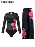 S - XL New Flower Printed Floral Long Sleeve With Pants One Piece Swimsuit Women Swimwear Female Bather Bathing Suit Swim V7099