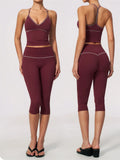 Summer Color Blocking Yoga Suit Women Tracksuit Hanging Neck V Neck Slim Sports Vest Tight Hip Lifting Capri Pants Fitness Sets