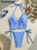 Striped Halter Tankini V Neck Bikini Women Swimwear Female Swimsuit Two-Pieces Bikini Set Padded Bather Bathing Suit Swim V8385