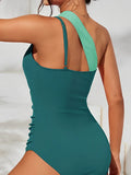 2026 Two Tone One Shoulder Ruched Side Swimsuit One Piece Swimwear Women Sexy Bather Bathing Swimming Swim Suit Female Beachwear