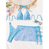 S - XL Three-pieces Bikini set With Skirt Flowers Sequins Bikini Female Swimsuit Women Swimwear Bather Bathing Suit Swim V7864