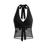 Vietnamese Sexy Halter Neck Strap Tank Top Feminine Mesh Transparent Slim Fit Large Open Back Short Camisole Top Casual RUKJ