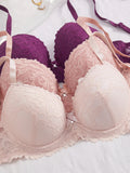 3Pcs Floral Lace Women's Underwear Set Daily Push-Up Bra Rhinestone Breathable Mesh Bra for Women