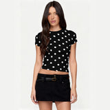 Women's summer fashion retro polka dot short-sleeved printed slim round neck top