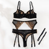 Toucheart4PCS Lace Golden Embroidery Sexy Underwear Set Slim Exposed Navel See-through Hollow Out Interesting Steelring Bralette