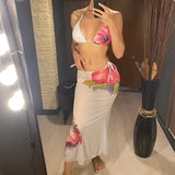 10 Color Flowers Halter Bikini Female Swimsuit Women Swimwear Three-pieces Bikini set With Skirt Bather Bathing Suit Swim V6637C