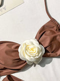 Sexy 3D Flower Patchwork Swimwear Thong Bikini 2024 Women Lace-up Swimsuit Halter Drawstring Swimming Bathing Suit Biquini Mujer