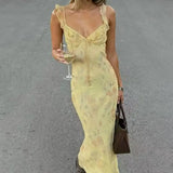 Sexy Elegant Flower Print Slim Long Dresses Women V-neck Low Cut Leace-up Backless Package Hip Bodycon Sleeveless Dress Female
