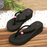 Women's Flower Decor Med Heel Flip Flops Simple Style Black Wedge Clip Toe Slides Woman Summer Outdoor Med Heel Slippers Mujer