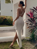 S - XL V Neck Slit Long Dress Sexy Mesh Backless Knitted Crochet Tunic Beach Cover Up Cover-ups Beach Dress Beachwear V3767B