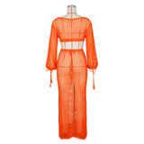 DEKA New Sexy Knit Mesh Cut Out Deep V Neck Long-sleeve Lace-up Fringe Tunic Summer Women Swimsuit Cover-ups Beach Maxi Dress
