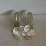 Women Fashion New Flower Clip-toe High-heeled Slippers Thin Heels Mules Slippers Elegant Party Ladies Elegant High-heeled Sandal