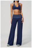 Fake Two-piece Sports Bra Yoga Sets Women Coffee Striped Patchwork Folding High Waist Wide Leg Pants Gym Running Fitness Suits
