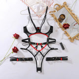 Toucheart Erotic Bodysuit Summer New Style Contrasting Color Thinmesh Steel Support Gathered Hollow Sexy Jumpsuit with Leg Rings