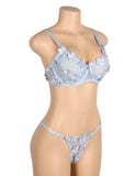 Blue Floral Lace Mesh Bra and Panties Set for Women Push Up Underwire Adjustable Straps Daily Sleepwear Romantic Fancy Lingerie