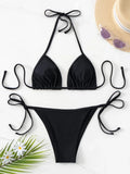 Black Sexy Bikini Split Swimsuit Set Tie-Up Neck Adjustable Straps Beachwear for Women