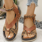 Summer Leopard Print Wedge Sandals Women Plus Size Ankle Strap High Heel Sandal Female New Slip On Pu Leather Sandalias Mujer