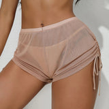 New Mesh Transparent High Waist Elastic Casual Shorts Sports Shorts For Women Wrinkle Drawstring Binding Charming Elegant FSKK