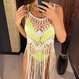 3 Colors Hollow Out Fringe Tassel Knitted Crochet Tunic Beach Cover Up Cover-ups Beach Dress Beach Wear Beachwear Female V3847