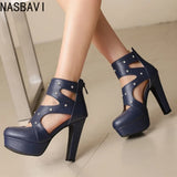 NASBAVI Summer Fashion Women Sandals Round Toe Chunky Heels 12cm Platform 3.5cm Zipper Crystal Plus Size 48 49 50 Party Shoes