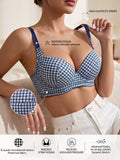 Women's Houndstooth Print Push-Up Bra Wide Elastic Straps Underwear Underwire Side Smoothing & Supportive Bra Women