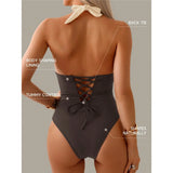 S - XL Splicing V Neck Backless Halter Women Swimwear One Piece Swimsuit Female Monokini Padded Bather Bathing Suit Swim V7559