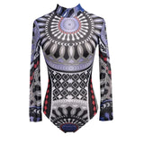 Women Mesh Bodysuits Vintage Ethnic Printed Long Sleeve Leotard Body Top See Through Sexy Club Overalls Shirts
