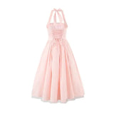 French Style Backless Cross-strap Halter Neck Dress For Women With Hard Mesh Panels Waist-cinching Pleated Large Hem Casual FYR0