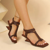 Vintage Square Toe Braided T-Strap Sandals Women Big Size 42 Sculptural Wedge Heel Ankle Wrap Summer Fashion Dress Sandals Shoes