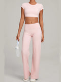 Women's Tracksuit Yoga Sets Back Hollow Out Short Sleeve Sports Shirts High Waist Straight Leg Pants Gym Running Fitness Suits