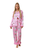 Women Satin Christmas Pajamas Sets Long Sleeve Santa Claus Print Tops with Elastic Waist Pants Two Pieces Sleepwear