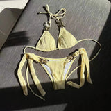Halter Metal Rings Bikinis Wrinkled Bikini Female Swimsuit Women Swimwear Two-pieces Bikini Set High Cut Bathing Suit Swim Lady