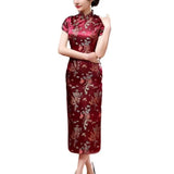 Women Dress Chinese Style Floral Embroidery Stand Collar Short Sleeves High Side Split Chinese Cheongsam Satin Silky