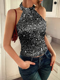 Phantasy Elegant Temperament Neck Sequin Camisole Women T-shirt Sexy Sleeveless Tank Top Female Clothes Tops 2025 Summer