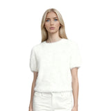 Women Spring Summer Soft Furry Sweater Solid Color Short Sleeve Round Neck Slim Fit Crop Tops